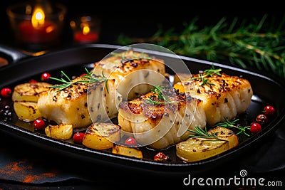 Mouthwatering roasted fish cooking in a sizzling pan perfectly seasoned and golden brown Stock Photo