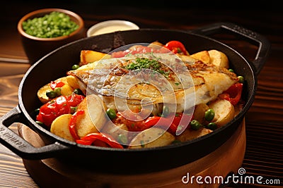 Mouthwatering roasted fish with a crispy golden crust, cooked to perfection in a sizzling pan Stock Photo