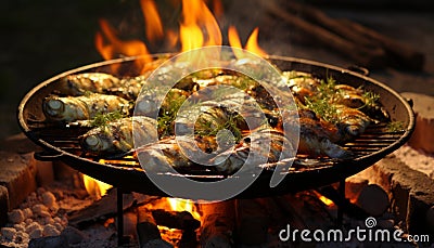 Mouthwatering roasted fish with a golden and crispy skin, expertly cooked in a sizzling pan Stock Photo