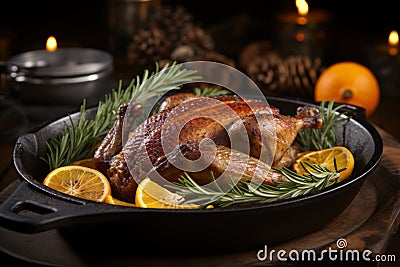 Mouthwatering roasted goose in a sizzling pan, exquisitely browned and irresistibly crispy Stock Photo