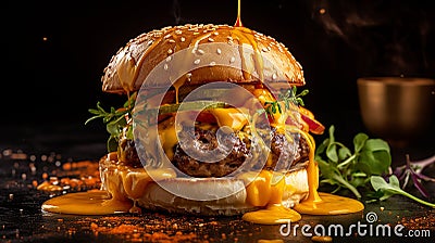 Mouthwatering Veggie Burger: Gourmet Delight with Overflowing Cheese and Onions Stock Photo