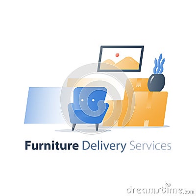 Move in home, furniture delivery service, fast relocation, armchair and pile of boxes Vector Illustration