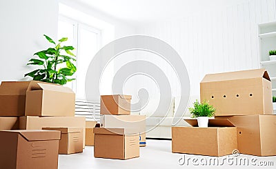 Move. lots of cardboard boxes in empty new apartment Stock Photo