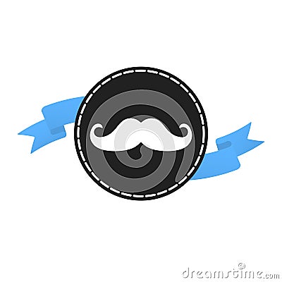 Movember badge label with blue ribbon, mustaches and badge pin Vector Illustration