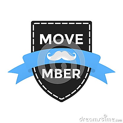 Movember badge label with blue ribbon, mustaches and badge pin Vector Illustration