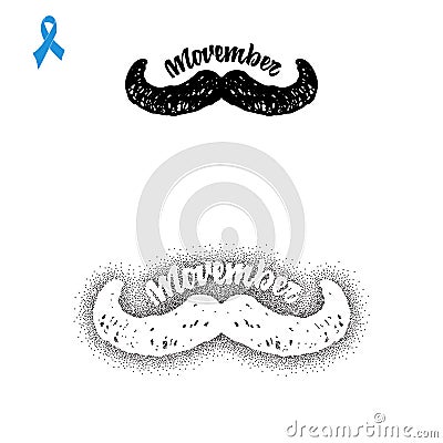 Movember. Badge November mustache, hand lettering with blue ribbon. You can use it for your design Vector Illustration