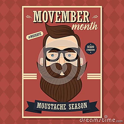Movember poster design, prostate cancer awareness, hipster man with beard and moustache Vector Illustration