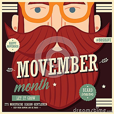 Movember poster design, prostate cancer awareness, hipster man with beard and moustache Vector Illustration