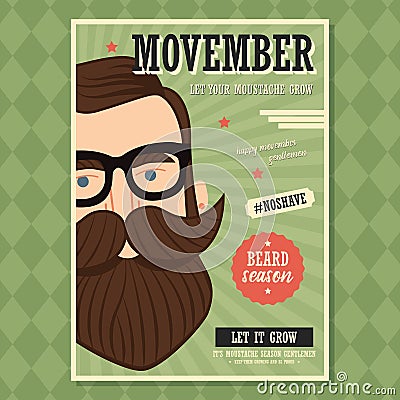 Movember poster design, prostate cancer awareness, hipster man with beard and moustache Vector Illustration