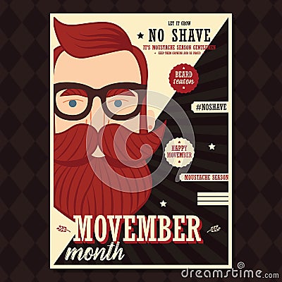 Movember poster design, prostate cancer awareness, hipster man with beard and moustache Vector Illustration