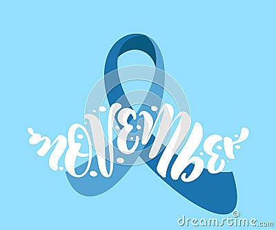 Movember, raise awareness of men`s health issues. Vector background with text, ribbon and moustache. Prostate Cancer Vector Illustration