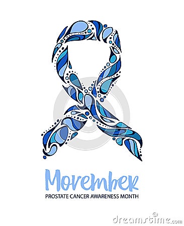 Movember. Vector illustration with blue ribbon. Men`s Cancer awareness month Vector Illustration