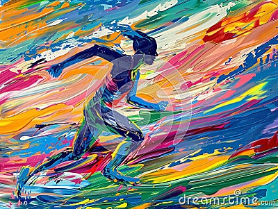Movement art in vibrant colors illustrating the fluidity and energy of a running athlete through abstract Stock Photo