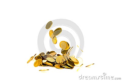 Movement of falling gold coin, flying coin, rain money isolated on white background, business and financial wealth and take profit Stock Photo