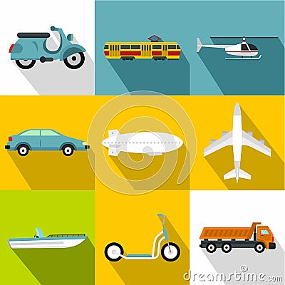 Movement on machine icons set, flat style Vector Illustration