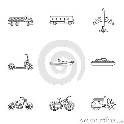 Movement on machine icons set, outline style Vector Illustration