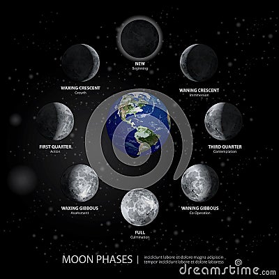 Movements of the Moon Phases Realistic Vector Illustration