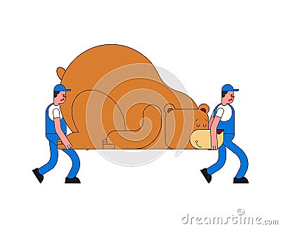 Movers and Bear. Porters carry Big animal. Delivery service. Loader mover man holding. Moving Vector illustration Vector Illustration