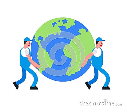 Movers and Earth. Porters carry planet. Delivery service. Loader mover man holding. Moving Vector illustration Vector Illustration