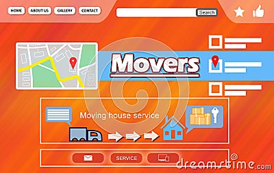 Movers service. Illustration of truck, map and icons Stock Photo