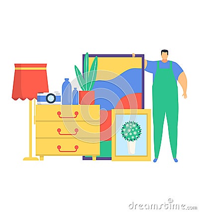 Movers service, male character porter standing personal stuff picture, wardrobe and floor lamp flat vector illustration Vector Illustration