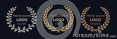 Movie award logo. Laurel golden emblems, winner reward foliage banner, show prize luxury concept. Vector golden wreath Vector Illustration