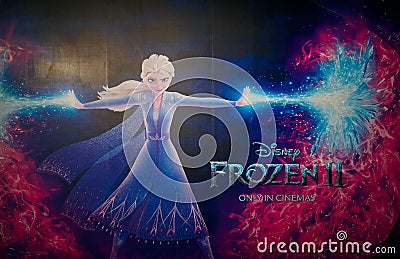 A movie backdrop of Elsa the Snow Queen`s starring in Frozen II 2019. Editorial Stock Photo