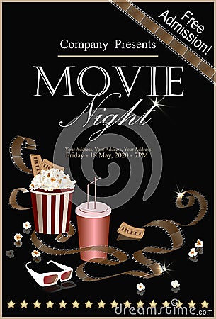 Movie banner. Popcorn box with cola and 3D glasses Vector Illustration