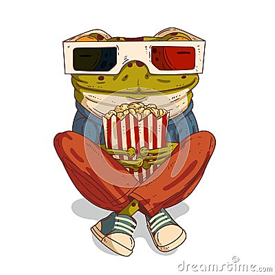 A movie buff, vector illustration. Calm casually dressed anthropomorphic frog wearing 3D glasses Vector Illustration