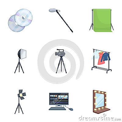 A movie camera, a floodlight, a chromakey and other equipment for the cinema.Making movie set collection icons in Vector Illustration