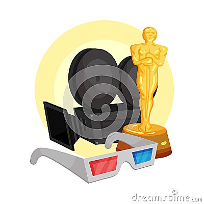 Movie camera, a golden Oscar statuette and 3D glasses in a yellow circle. Vector illustration on a white background. Vector Illustration