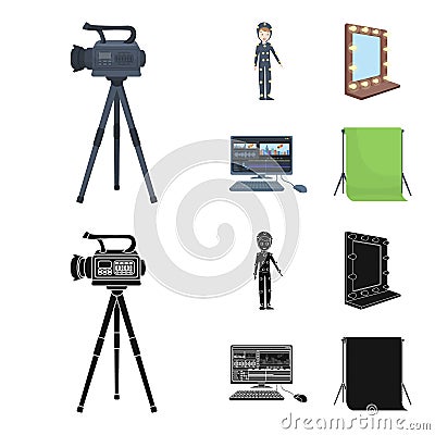 A movie camera, a suit for special effects and other equipment. Making movies set collection icons in cartoon,black Vector Illustration