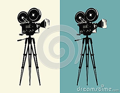 Movie camera on tripod vintage. Projector, cinema retro vector Vector Illustration