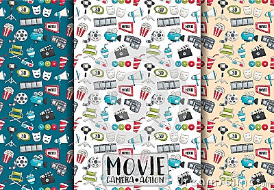 Movie cinema design. Seamless pattern set. Film theme background paper. Vector Illustration