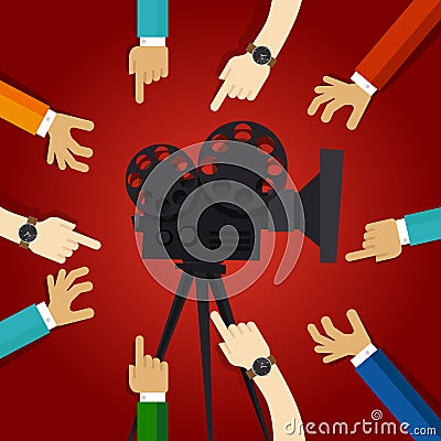 Movie cinema entertainment together friendship hands to retro projector teamwork working on video production Vector Illustration