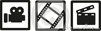 Movie cinema icons - camera, film reel and clapperboard Vector Illustration