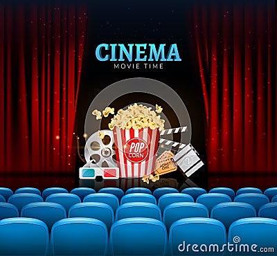 Movie cinema premiere poster design. Vector template banner for show with curtains, seats, popcorn, tickets Vector Illustration