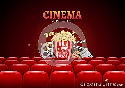 Movie cinema premiere poster design. Vector template banner for show with seats, popcorn, tickets Vector Illustration