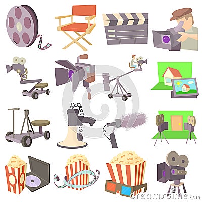 Movie cinema symbols icons set, cartoon style Vector Illustration