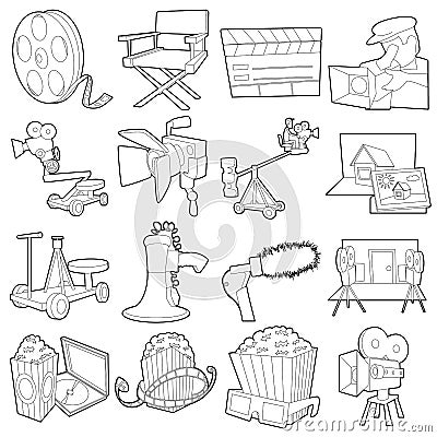 Movie cinema symbols icons set, outline style Vector Illustration