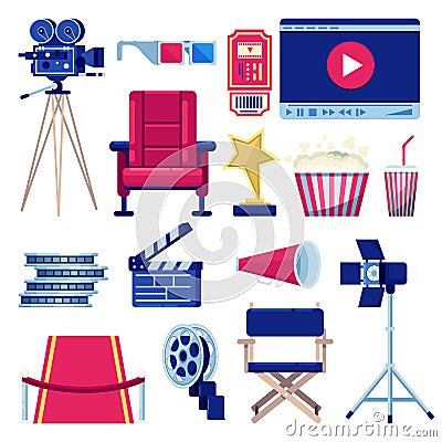 Movie and cinema theater vector flat icons set. Video and film production design elements. Multimedia maker equipment Vector Illustration
