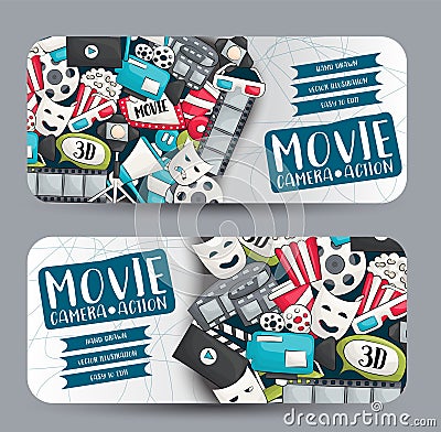 Movie cinema theme. Horizontal banner template set. Modern hand drawn doodle design. Vector Illustration