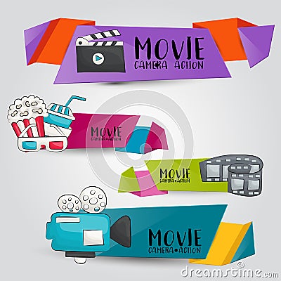 Movie cinema theme. Horizontal banner template set. Modern hand drawn doodle design. Vector Illustration