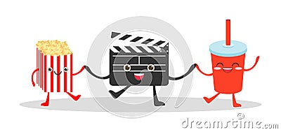 Movie clapper and cola and popcorn on white background, Illustration watching a movie, cinema, movies, food funny Vector Illustrat Vector Illustration