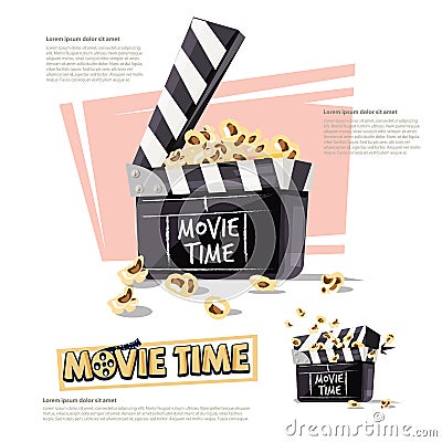 Movie clapper with popcorn. movie time concept - vector illustration Cartoon Illustration