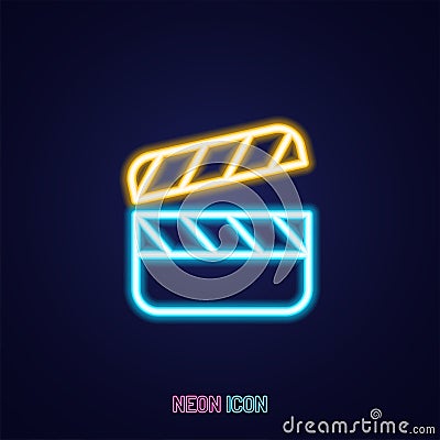 Movie clapperboard simple luminous neon outline colorful icon on blue background Cartoon Illustration