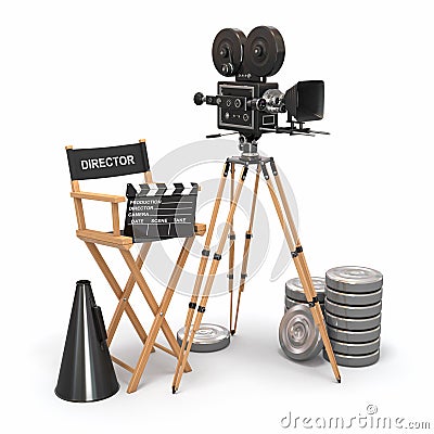 Movie composition. Vintage camera, director chair. Stock Photo