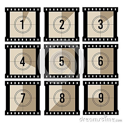 Movie countdown. Old projector film timer counter. Vector vintage filmstrip frames Vector Illustration