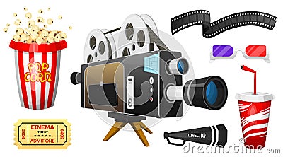 Movie elements set. Vintage cinema, entertainment and recreation with popcorn. Retro poster background. Clapperboard and Vector Illustration