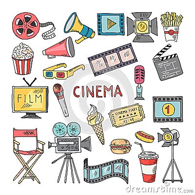 Movie entertainment vector icon set. Pictures in hand drawn style Vector Illustration